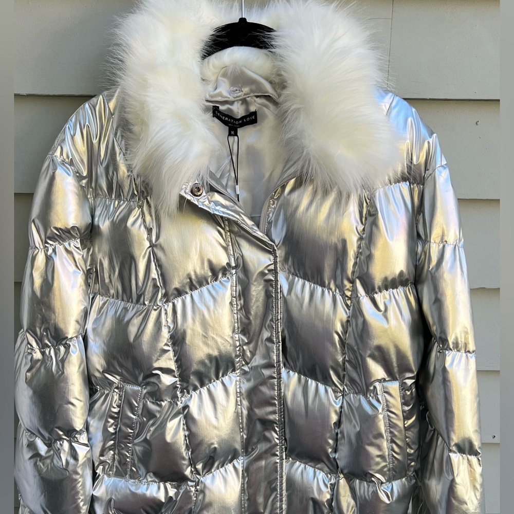 Generation Love XL bomber jacket metallic silver quilted BNWT removable collar